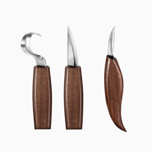 Wood carving tool set with hook knife, detail knife, and straight knife